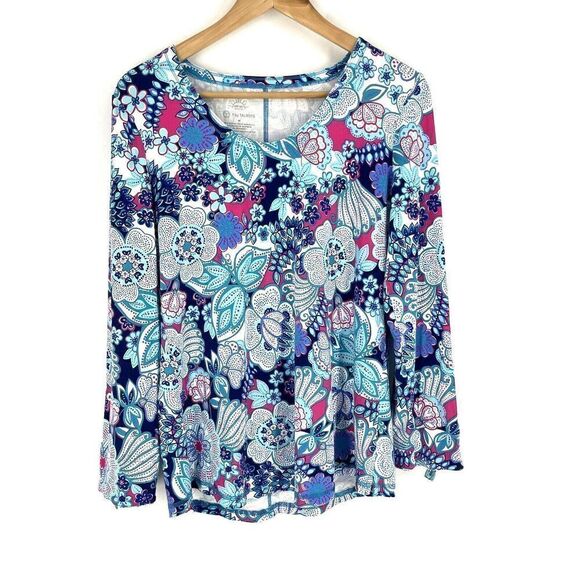 T By Talbots Shirt Size Medium Womens Blue Pink Floral Pullover Top UPF 50+ Tee - Picture 1 of 6